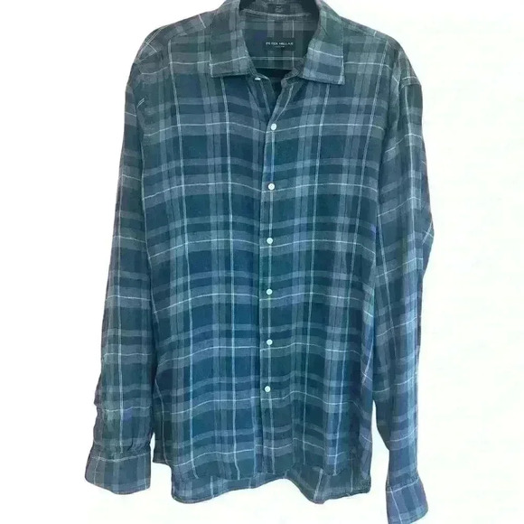 Men's Peter Milar Linen Plaid Button Up Size L Blue - Picture 1 of 6